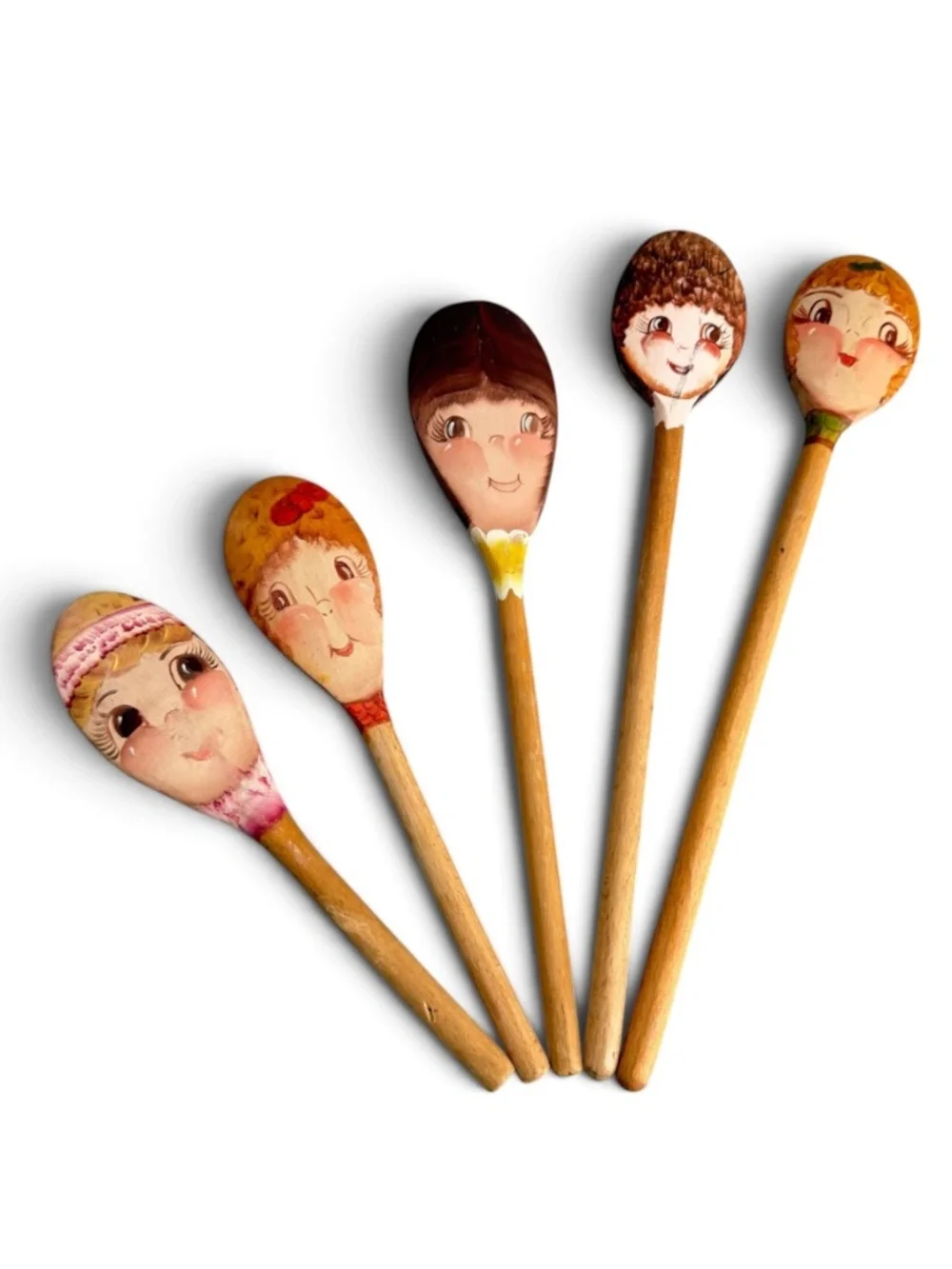 Vintage Set of 5 Hand Painted Wooden Spoons Folk Art Whimsical Character Faces